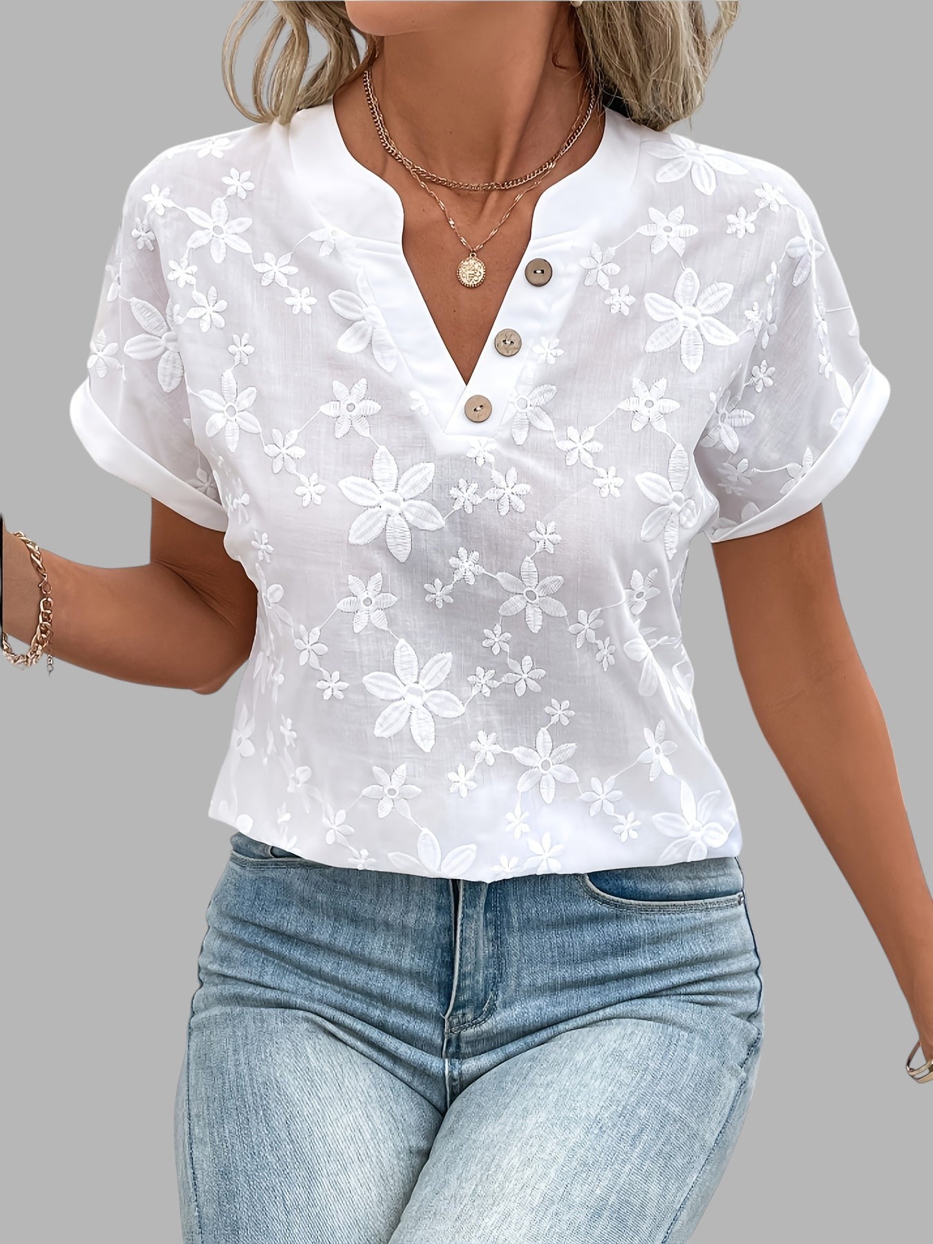 Jasmine – Embroidered Button Neck Blouse