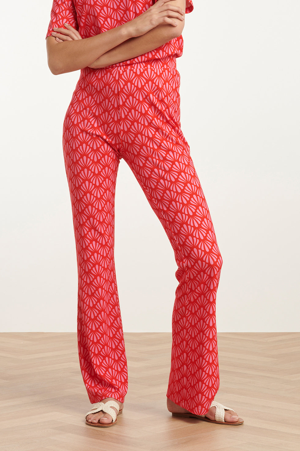 25041 Flared Leggings Met  Schelpenprint | Red-Pink