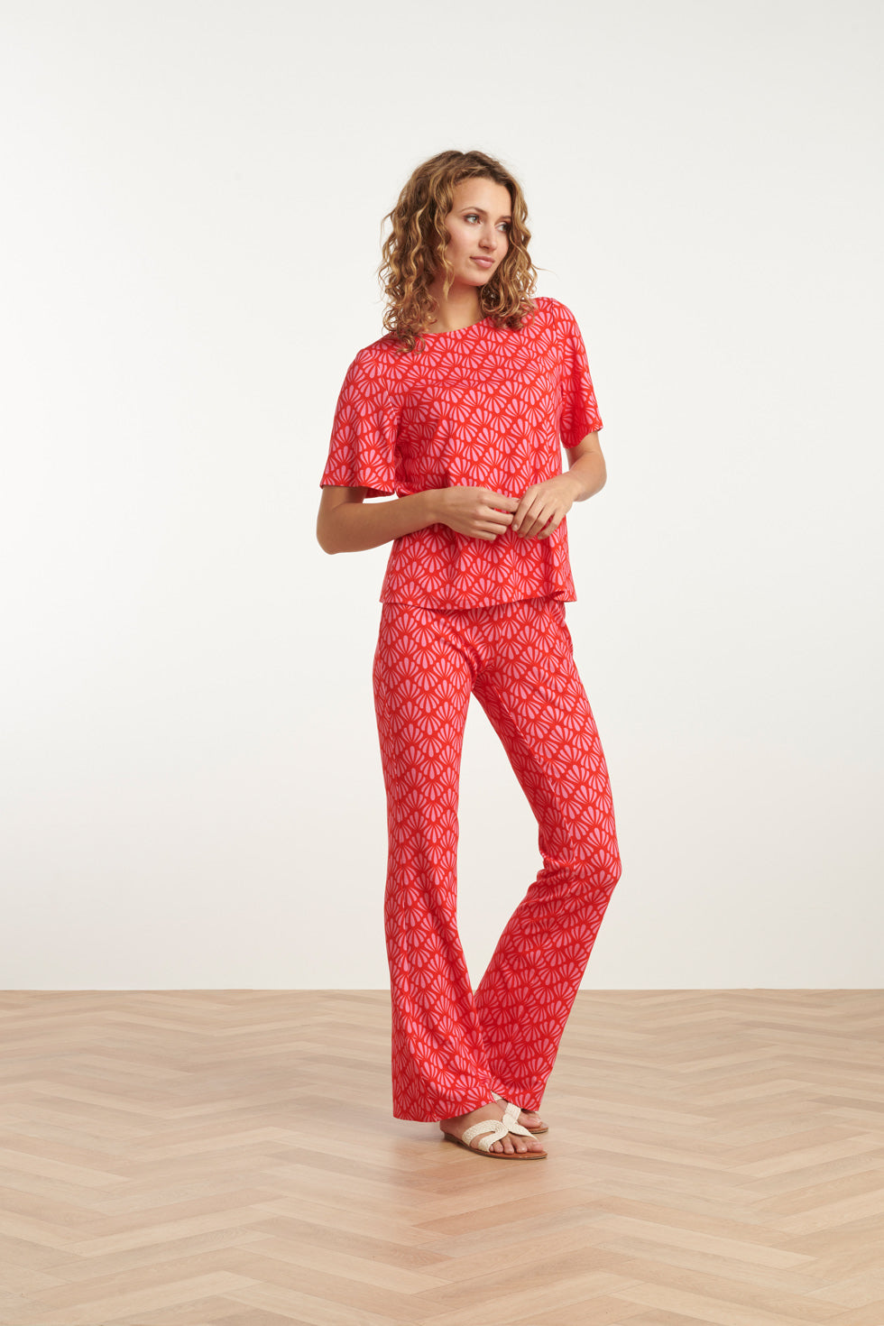 25041 Flared Leggings Met  Schelpenprint | Red-Pink