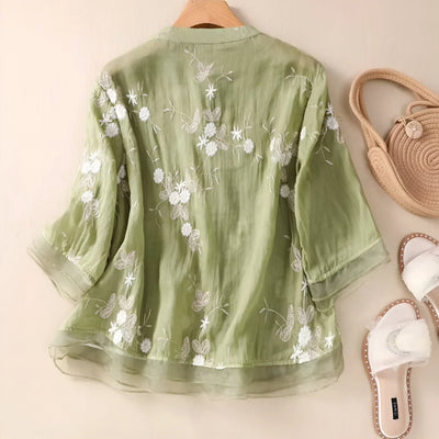 Arisa – Embroidered Sheer Button Blouse