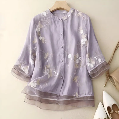 Arisa – Embroidered Sheer Button Blouse