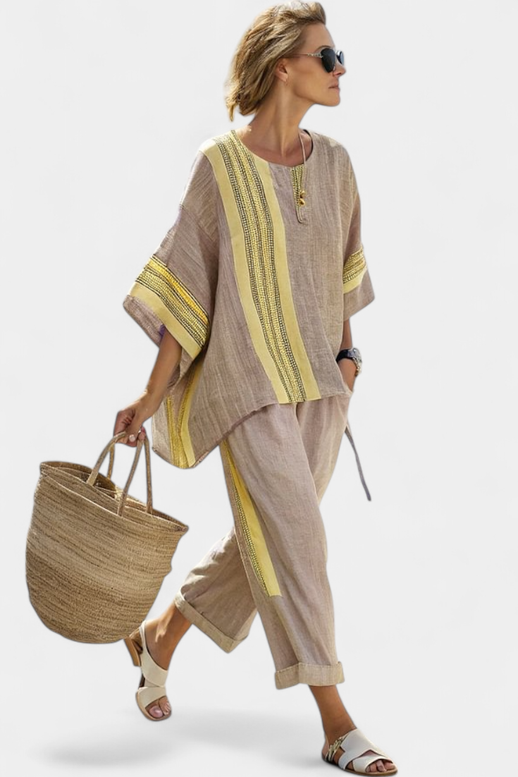 Bamboo linen set with charming lavender and yellow striped details