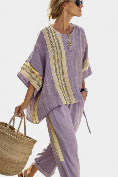Bamboo linen set with charming lavender and yellow striped details