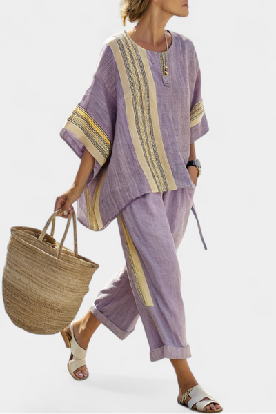 Bamboo linen set with charming lavender and yellow striped details