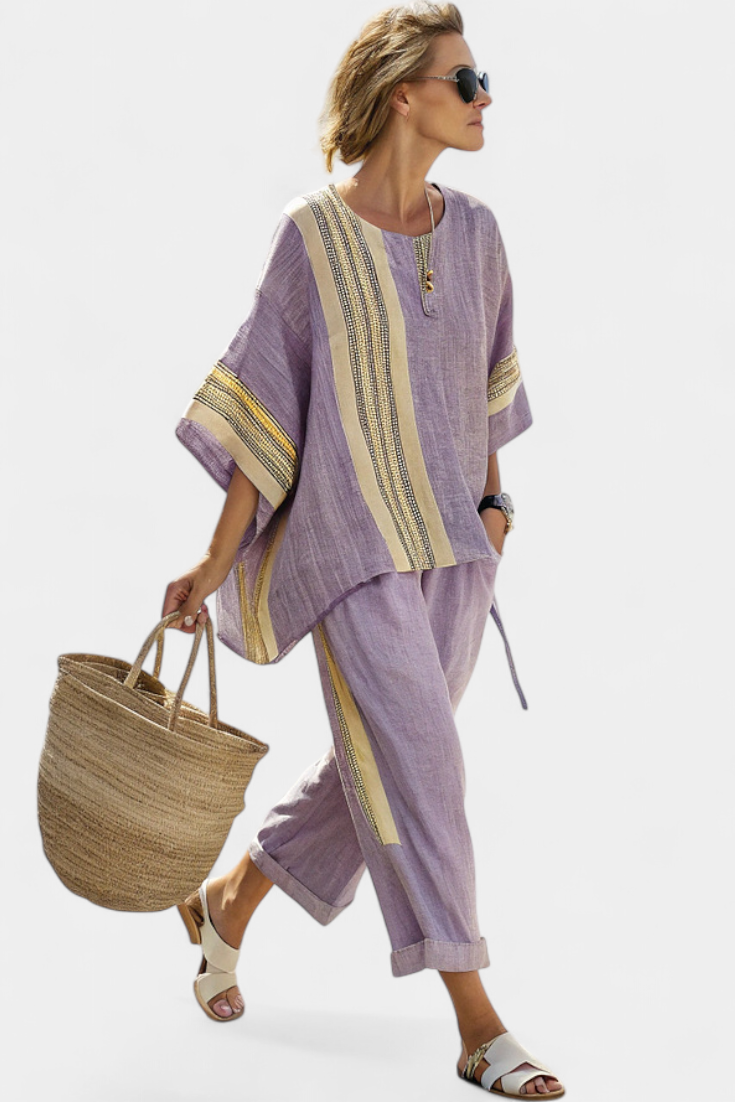 Bamboo linen set with charming lavender and yellow striped details