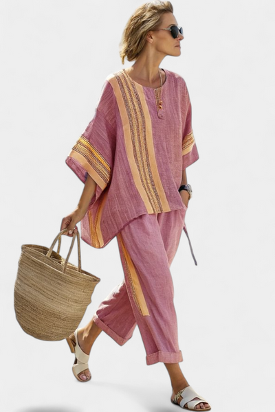 Bamboo linen set with charming lavender and yellow striped details