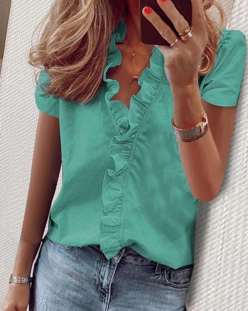 Eliza – Ruffled V-Neck Short Sleeve Blouse