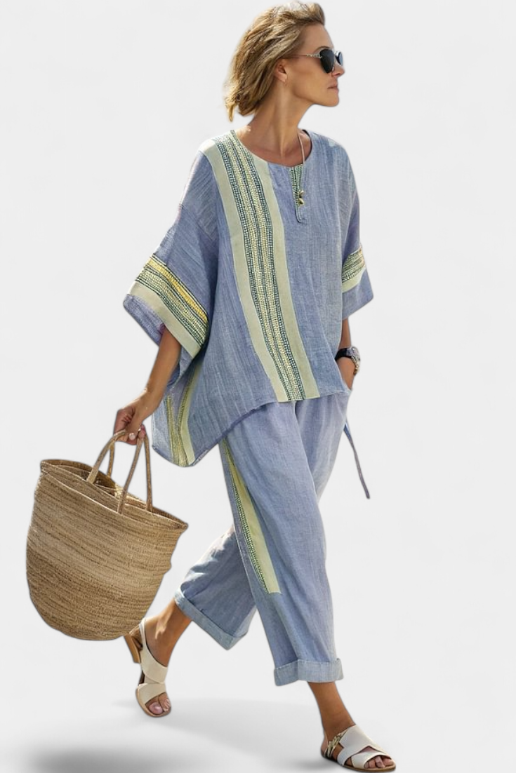 Bamboo linen set with charming lavender and yellow striped details