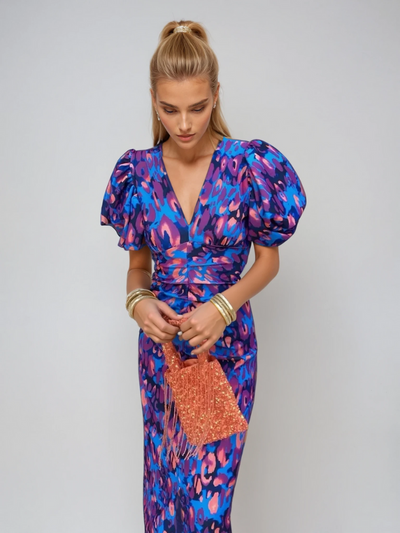 Arielle - Colorful Midi Dress with Pleated Sleeves